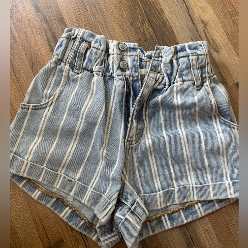 PacSun Light Blue & White Striped Paperbag Waist Kids Shorts